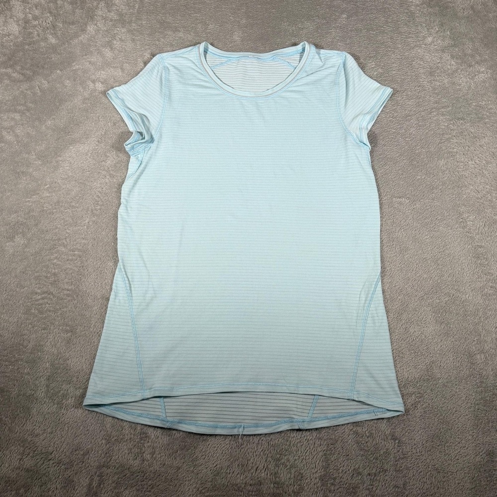Lululemon Another Mile Shirt Womens 4 Blue Stripe Short Sleeve Crew Running